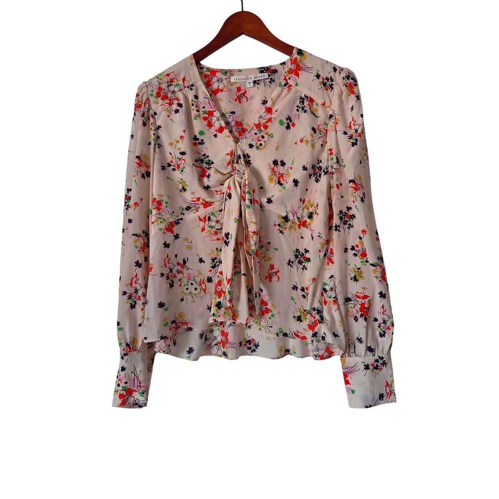 Veronica Beard Payton Silk Floral Tie Front Blouse V Neck Size 10 Romantic Boho